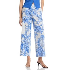 T Tahari Women's Printed Wide-Leg Pull-On Pants White Blue Size L MSRP 128