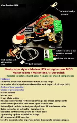 Strat MV/MT Solderless HSS Wiring Harness + HB/SC Bal Resistor/Pot & Cap Choice