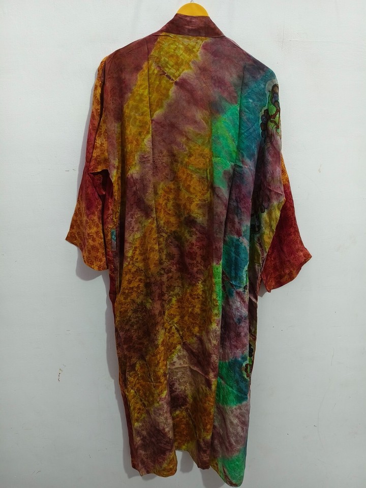 Luxury Bathrobe Tie Dye Sari Silk Kimono Bikini Cover Up Beach Wear, B