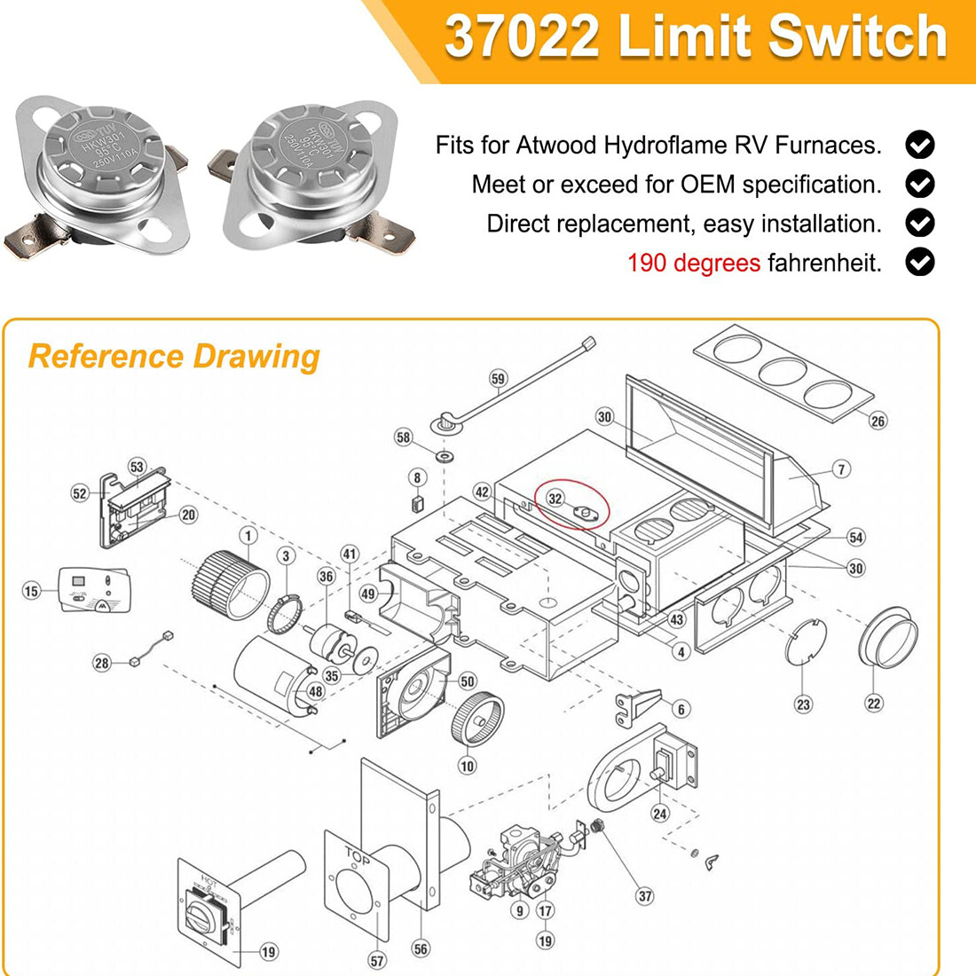 Atwood 37022 Furnace Hydro Flame 190 Degree Limit Switch - 37022 Atwood 37022 Furnace Hydro Flame 190 Degree Limit Switch - 37022