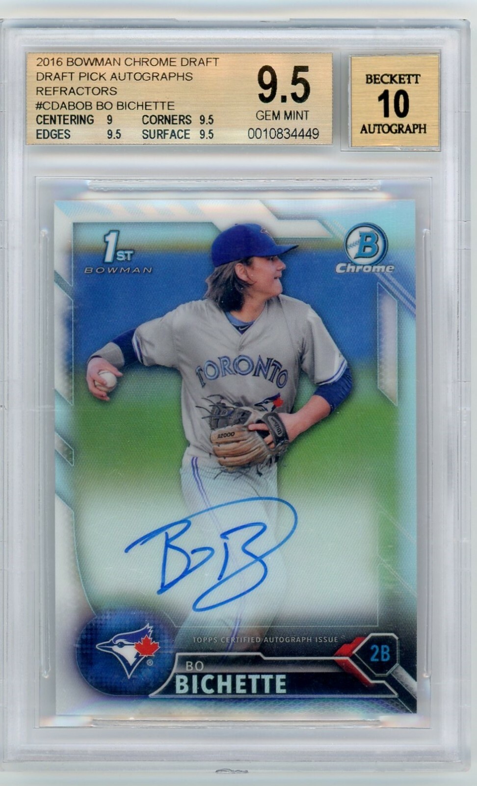 Bo Bichette 2016 Bowman Chrome Draft Refractor 067/499Â BGS 9.5/10 auto