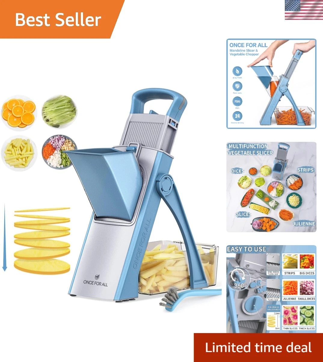 Upgrade Safe Mandoline Slicer Plus - Adjustable Vegetable Cutter in Sky Blue