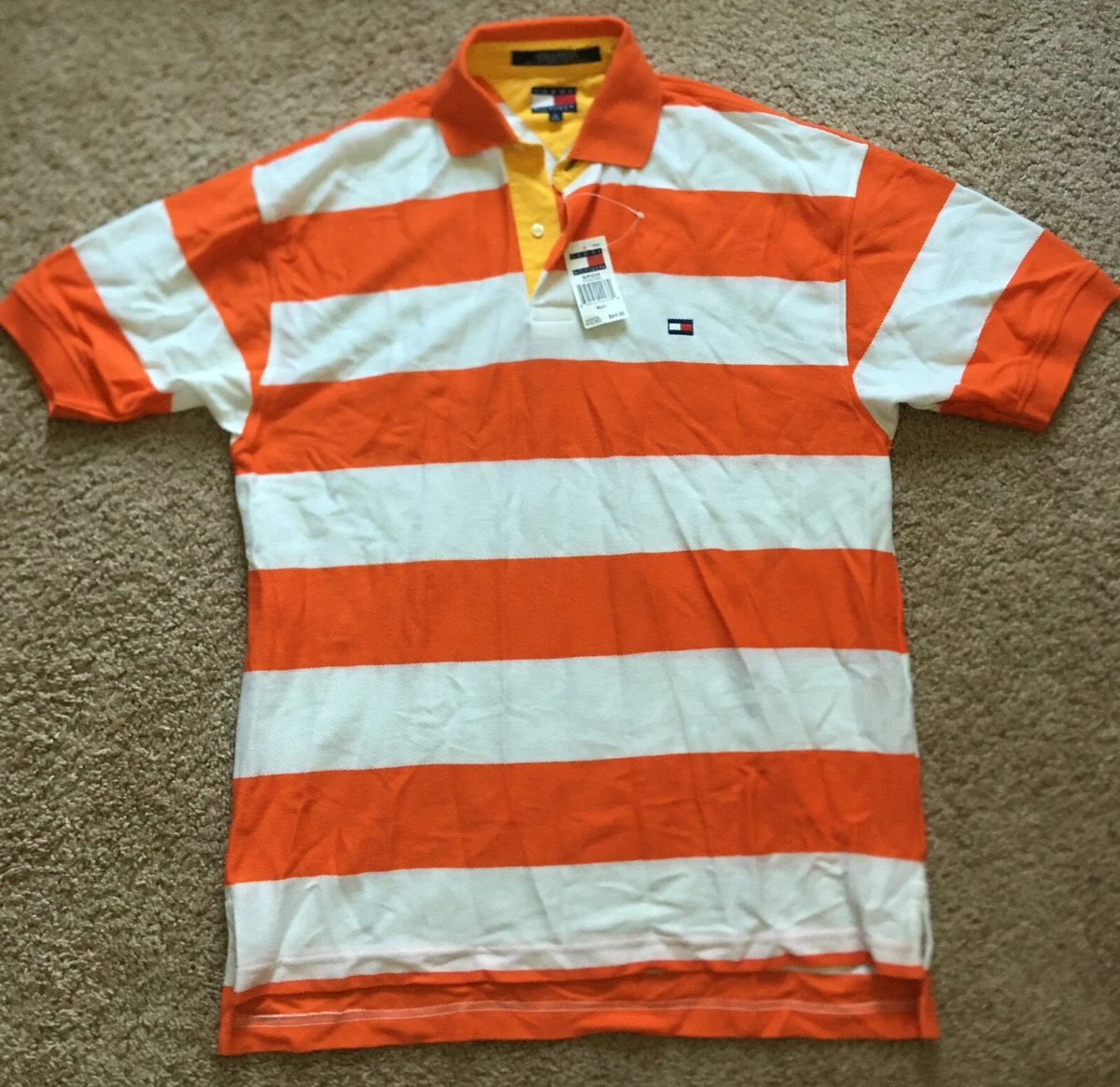 VTG NWT Tommy Hilfiger Orange White Striped Cotton Polo Short Sleeve Shirt Small