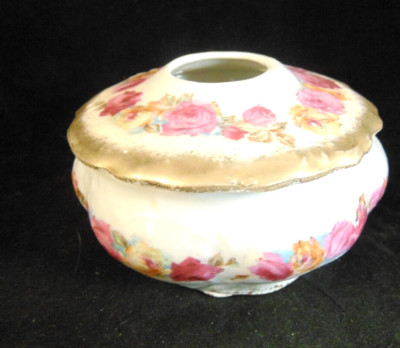 Antique Victorian Hand Painted Floral Porcelain Hair Receiver Pink Roses