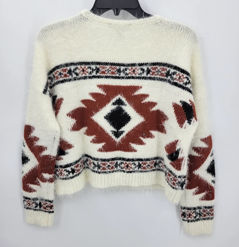 Suéter Forever 21 Mujer Pequeño Marfil Granate Azteca Tribal Suave Difuso Recortado Foto 2 de 4
