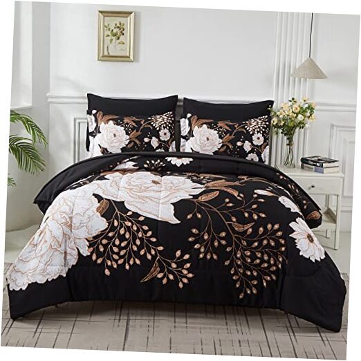 7 Piece Bed in a Bag Comforter Set Botanical Floral Bedding Queen Black Floral