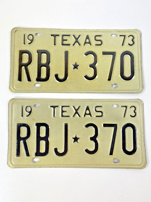 1973 Texas License Plate Set Auto RBJ 370 DMV Clear YOM Chevy Dodge Ford Vintage