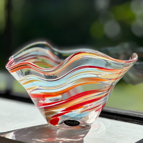 Glass Eye Studios 5" Wave Bowl Deep Orange Blue Tan Swirl Handblown Art