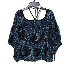 Y2K Sheer Floral Top Lace Print Fairy Witchy Whimsigoth Size Small S Teal Black
