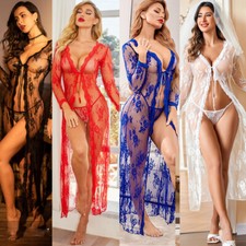 Sexy Lingerie Women Long Lace Kimono Robe Dress Sheer Gown See-Through Sleepwear