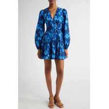 NWT- ULLA JOHNSON 'Anita' V-Neck Long Sleeve Mini-Dress, Azure Blue - Size 8