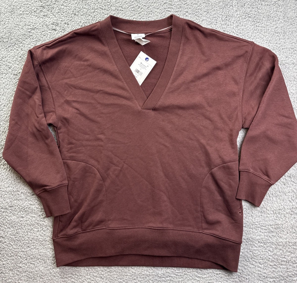 Champion Sweatshirt Womens Small Maroon V Neck Terry Pullover 