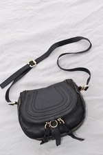 Chloe Black Gold Hardware Marcie Leather Tassel Medium Satchel Saddle Bag Womens