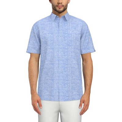 Men Cafe Luna Linen Blend Azzure Blue Large Point Collar Dye Short Sleeve Shirt