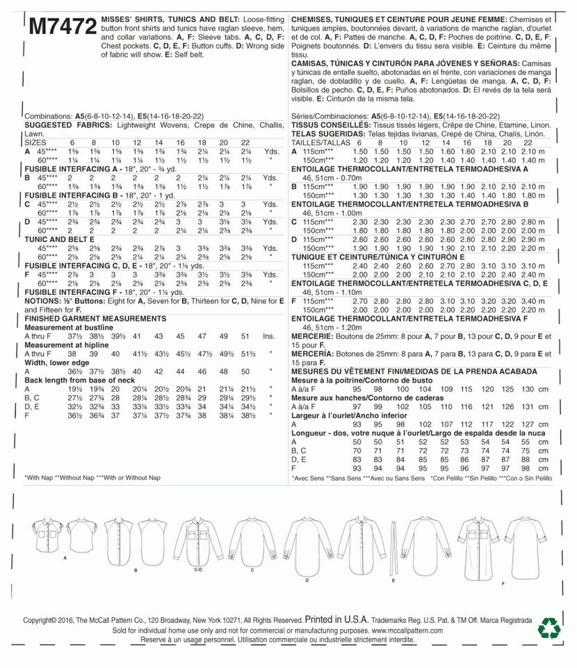 McCall 7472 Sz 14-22 Raglan Button Down Collar Shirt Long Denim Flannel Pattern - Image 4 of 4