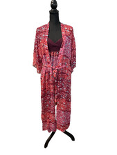 Josie Natori Chemise and Robe Set Size Medium Floral Red Kimono Sleeve Lace Bust