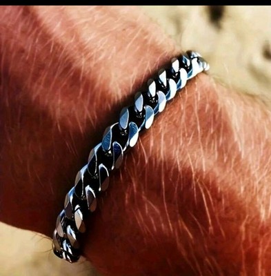 Men's Silver Cuban Link Chain Bracelet Stainless Steel Round Shape No Stone