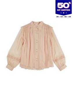 PVP 225 € CHLOE Camisa Blusa Niños Seda Talla 14Y Encaje Borde Botón Delantero