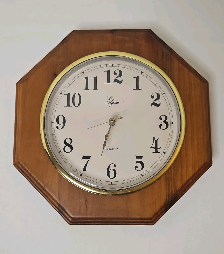 Wall Clock Wood Octagon Quartz Movement Classic Oak Finish Home Kitchen Office