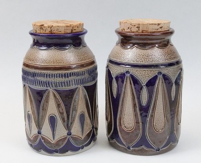 German Stoneware Handarbeit Vintage Salt Glaze Pottery Set of 2 Jars & Cork Tops
