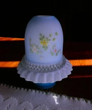 Fenton for L. G. Wright Pale Blue Satin Cased Glass Hand Painted Fairy Lamp