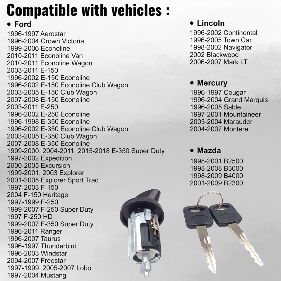 Ignition Switch Lock Cylinder with Keys for Ford F150 F250 F350 Ranger 707624 Foto 2 de 4
