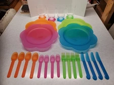Complete 24 piece. 4 Settings Colorful Festive  Color Coordinated Picnic Set