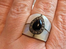 Vintage Art Deco Sterling Silver 925 Onyx Marcasite Mother of Pearl Ring 6.75