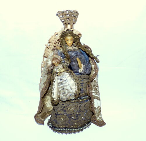 Antica bambola cera Maria Gesù madre bambino figura abito broccato 33 cm difettoso 5/21-41 - Foto 1 di 12