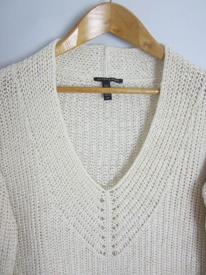 Eileen Fisher 女式 S 象牙色面霜有机棉亚麻罗纹 V 领毛衣 — 第 4/4 张图片