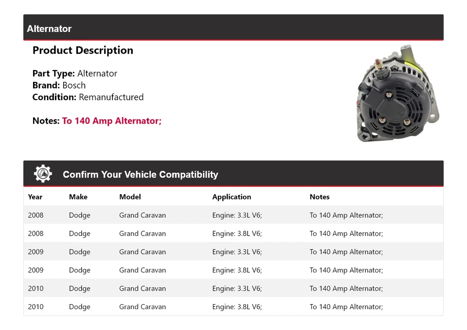 For 2008-2010 Dodge Grand Caravan Bosch Alternator (Remanufactured) 2009 - Image 2 of 4