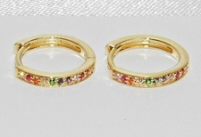 9ct Yellow Gold on Silver RAINBOW Simulated SAPPHIRE Huggie Hoop Earrings
