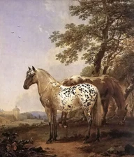 Oil painting nicolaes berchem - landscape with two horses under the tree canvas