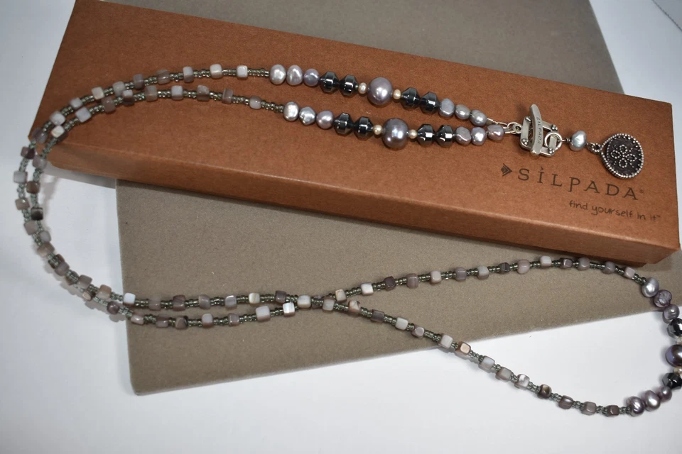 Collar Silpada Plata Esterlina 925 Hematita Vidrio Perlas Concha N1784 Palanca Foto 3 de 4