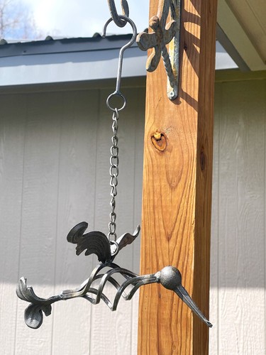 Rustic Heavy Duty Welded Steel Metal Hummingbird on a Hanging Chain Garden Porch - Picture 3 of 4