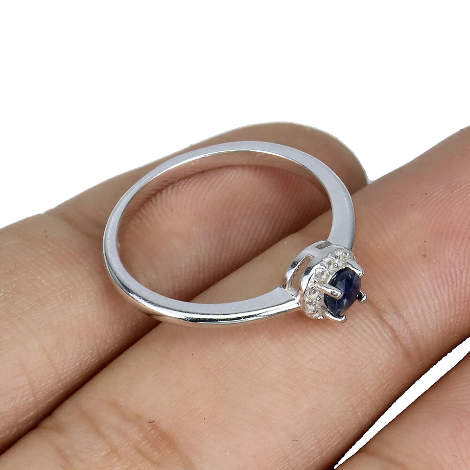 Anello In Argento Sterling 925 Con Zaffiro Blu Rotondo E Gemma Di Topazio Da 4Mm - Immagine 3 di 4