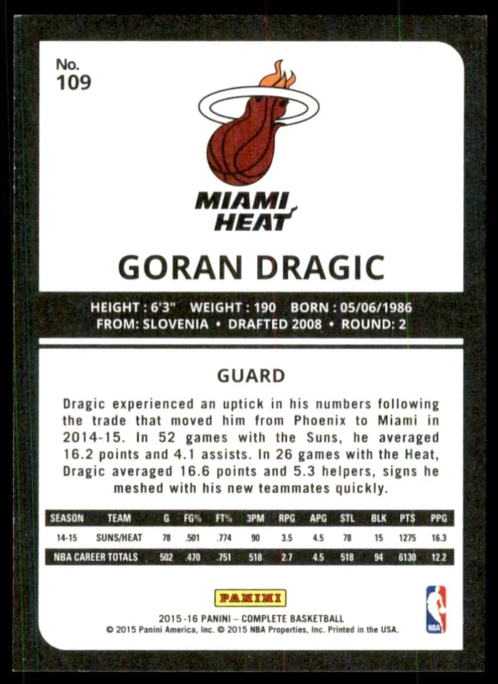 2015-16 Panini Complete* Goran Dragic Miami Heat #109 - Image 2 of 2