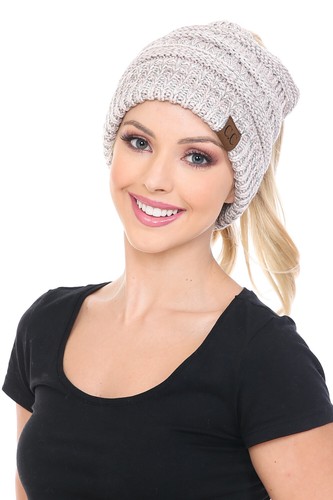 C.C BeanieTail Soft Stretch Cable Knit Messy High Bun Ponytail Beanie Hat - Picture 199 of 230