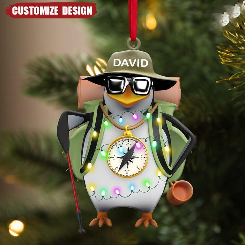 Hiking Penguin Ornament, Personalized Hiking Ornament, Hiking Gift, Custom