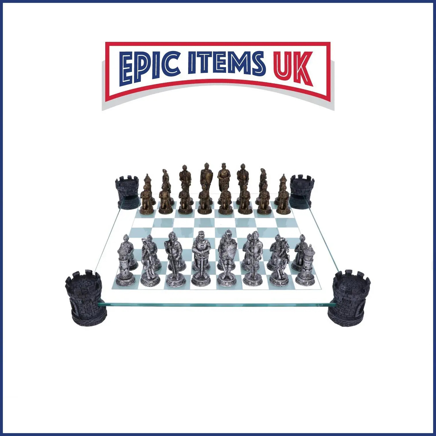 Nemesis Now Raised Medieval Knight Chess Set With Corner Towers 43cm - IN STOCK
