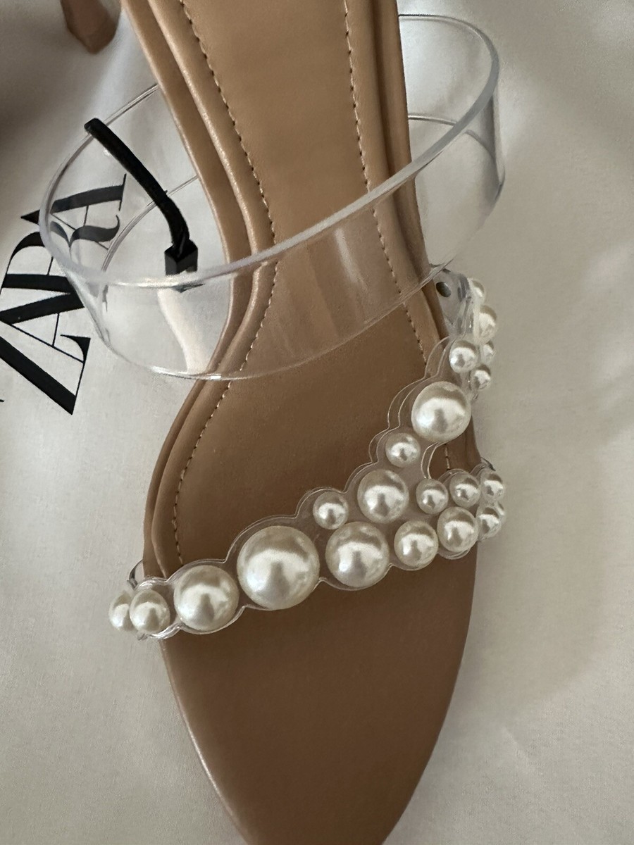 ZARA WOMAN NWT SS24 VINYL AND PEARL HEELED SANDALS BEIGE ALL