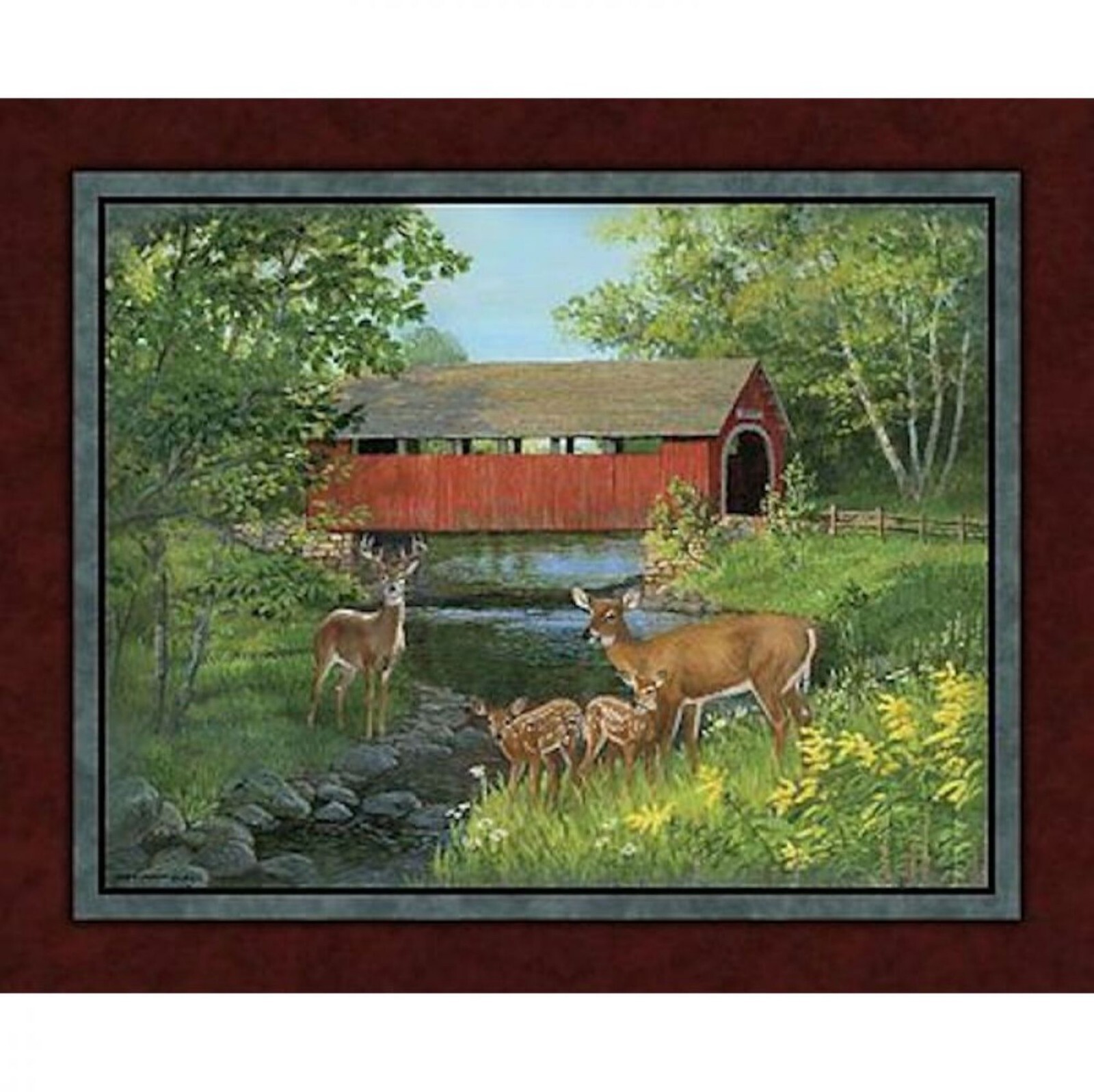Deer Covered Bridge Cotton Fabric Panel for Quilting or Wall Decor by Wild Wings
