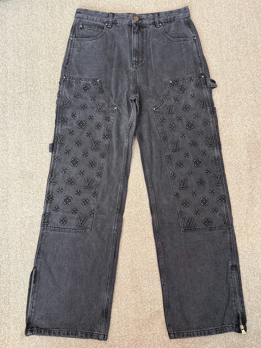 Louis Vuitton Monogram Embossed Double Knee Carpenter Jeans black sz 32
