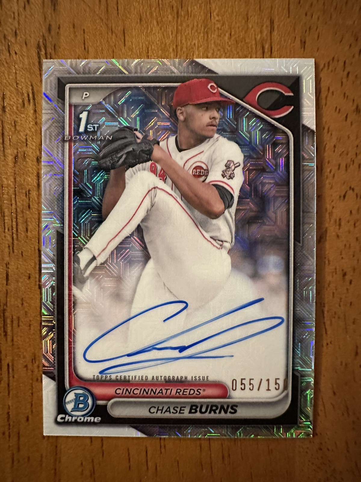 Bowman Draft 2024 Chase Burns 1st Chrome HTA Choice Mojo Auto /150 Mint Reds