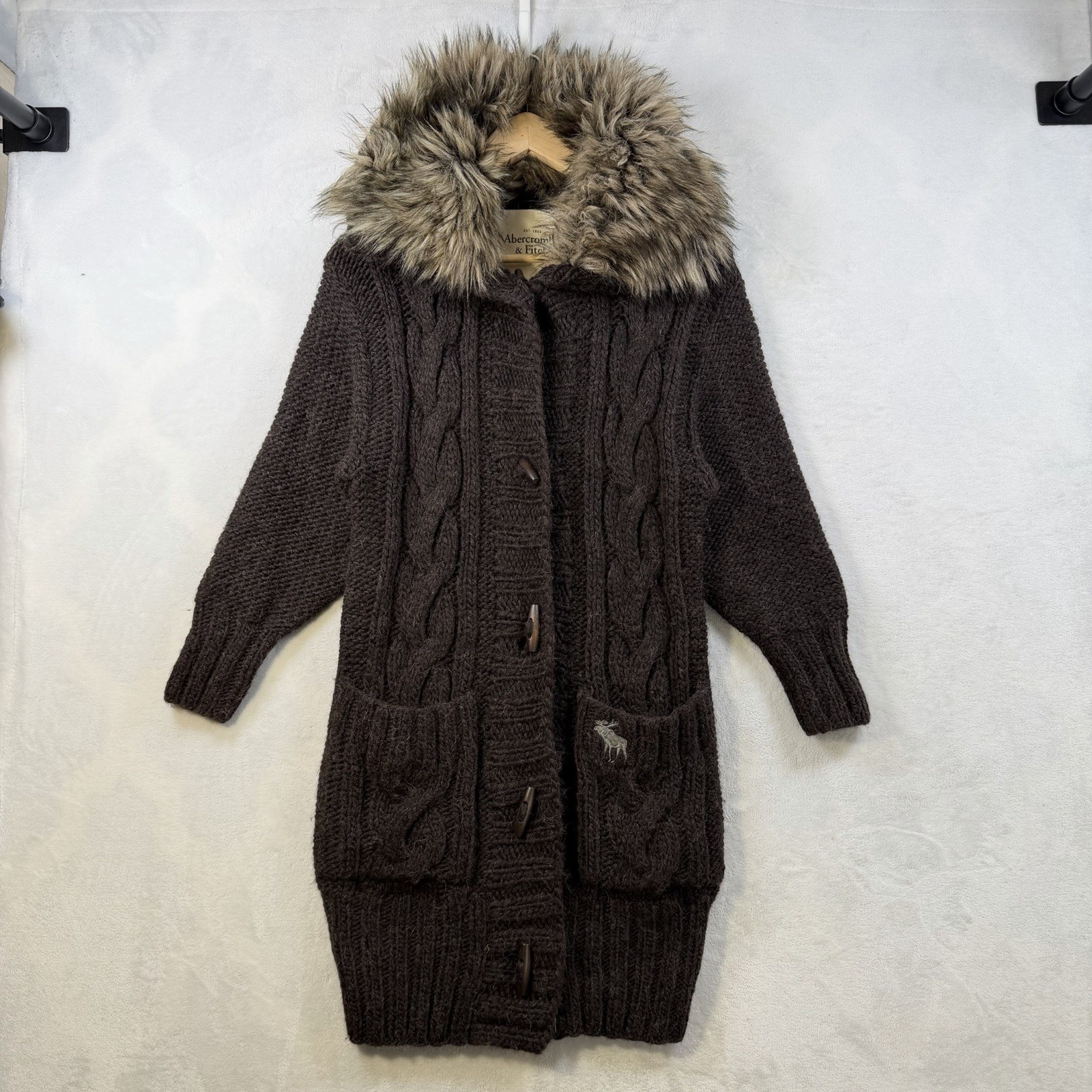 Vtg Y2k Abercrombie & Fitch Brown Knit Cardigan Sweater Faux Fur Collar Toggle S