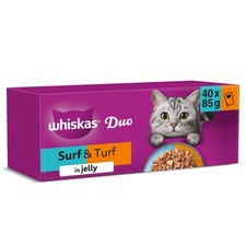 120 x 85g Whiskas 1+ Duo Surf & Turf Mixed Adult Wet Cat Food Pouches in Jelly 3.87 per kilo