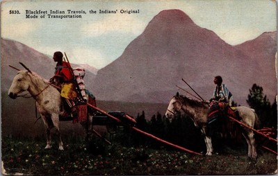 Blackfeet Indian Travois Montana Postcard Native American Horses Mountains