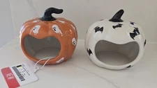Transpac Ceramic Halloween Tea Light Holders Pumpkin Bats Set Of 2 New With Tag