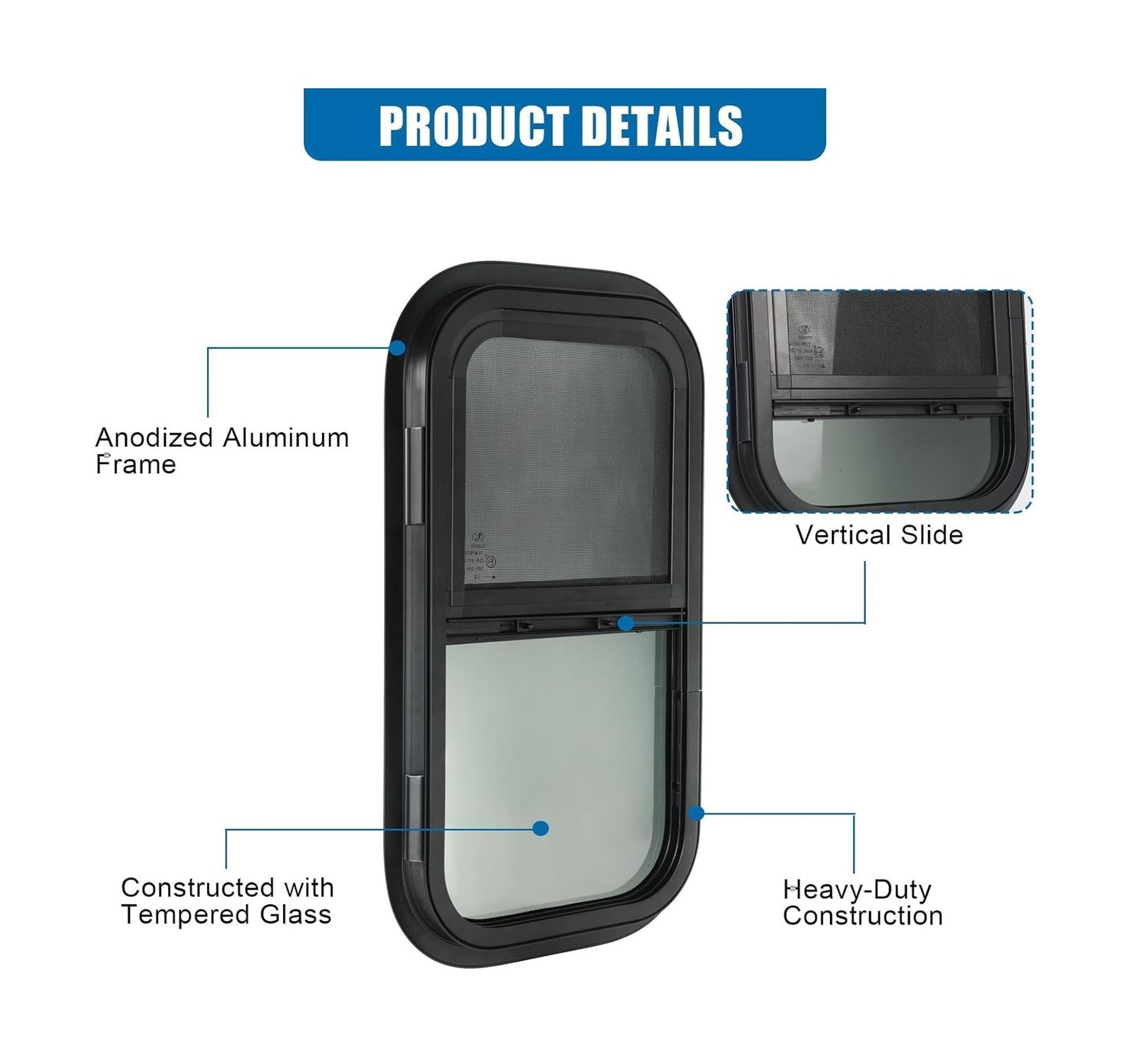 Vertical RV Window, 12" W x 22" H Tinted Sliding RV Window with Net Screen an...