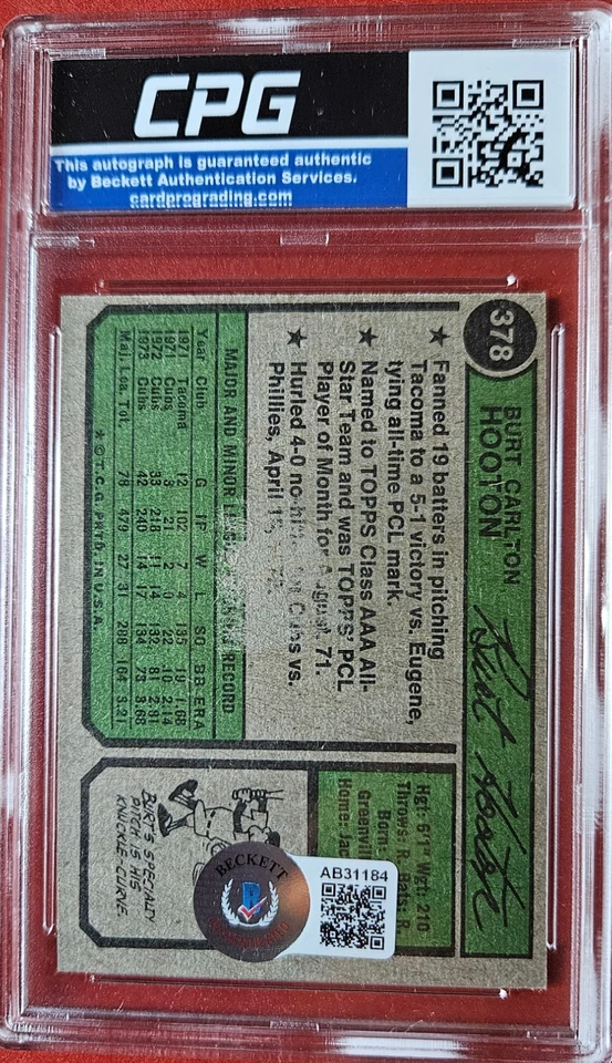 1974 Topps #378 Burt Hooton Tarjeta Automática Cubs - Beckett BAS Auténtico CPG Foto 2 de 2